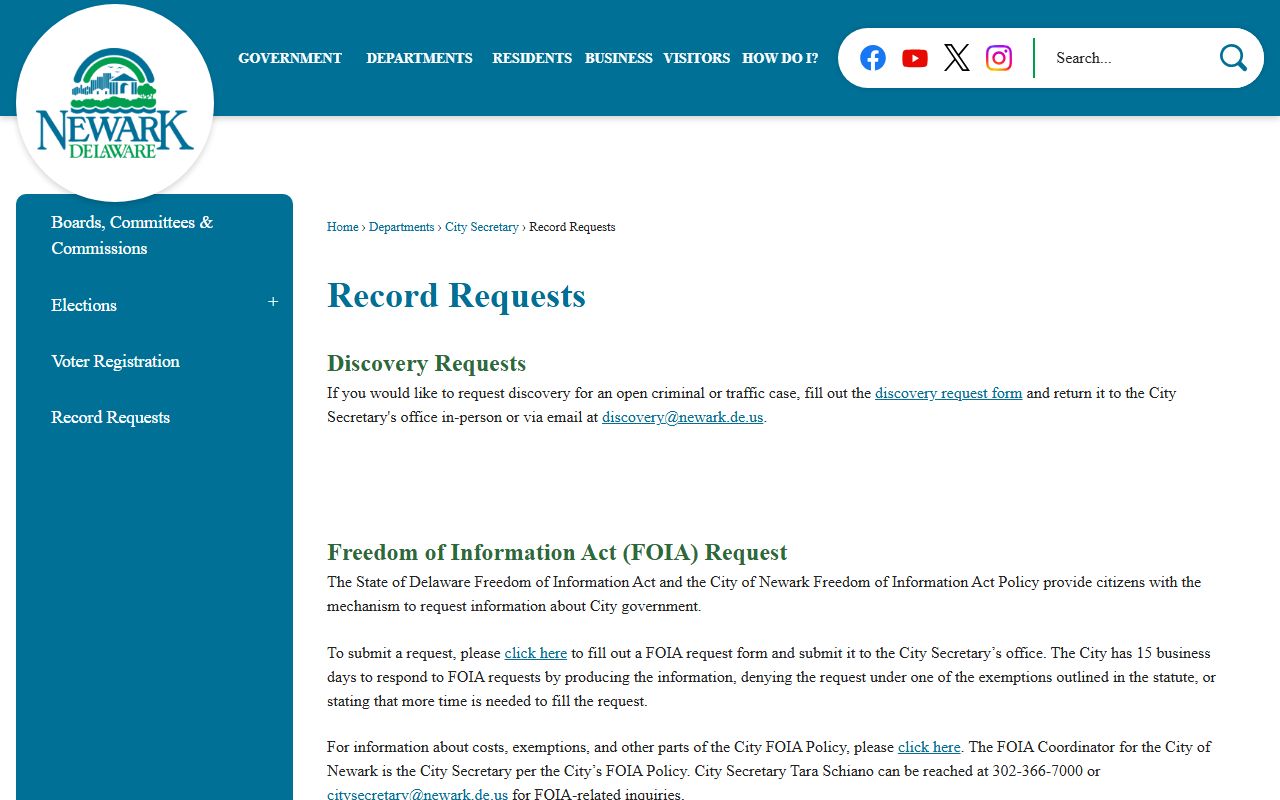 Newark police records request form on the city of Newark website