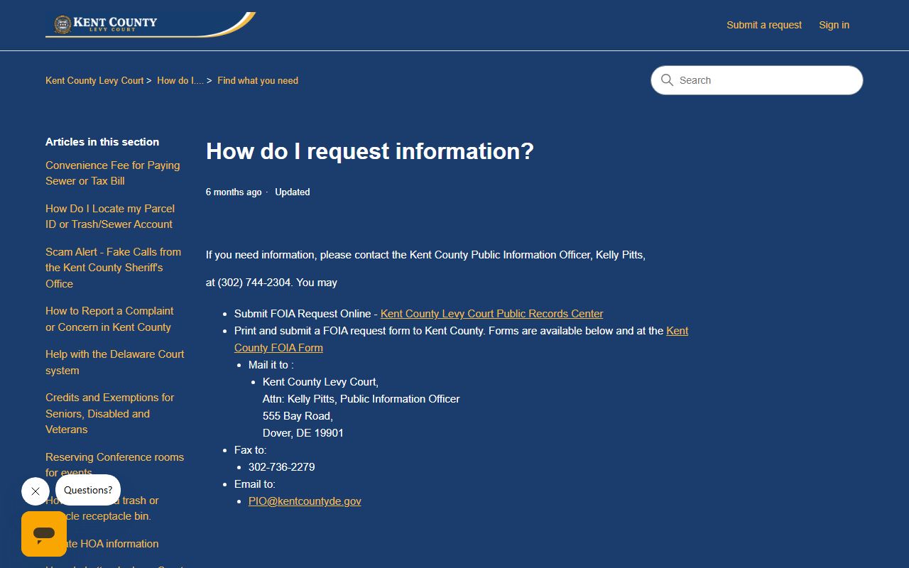 Kent County how to request information page for police records
