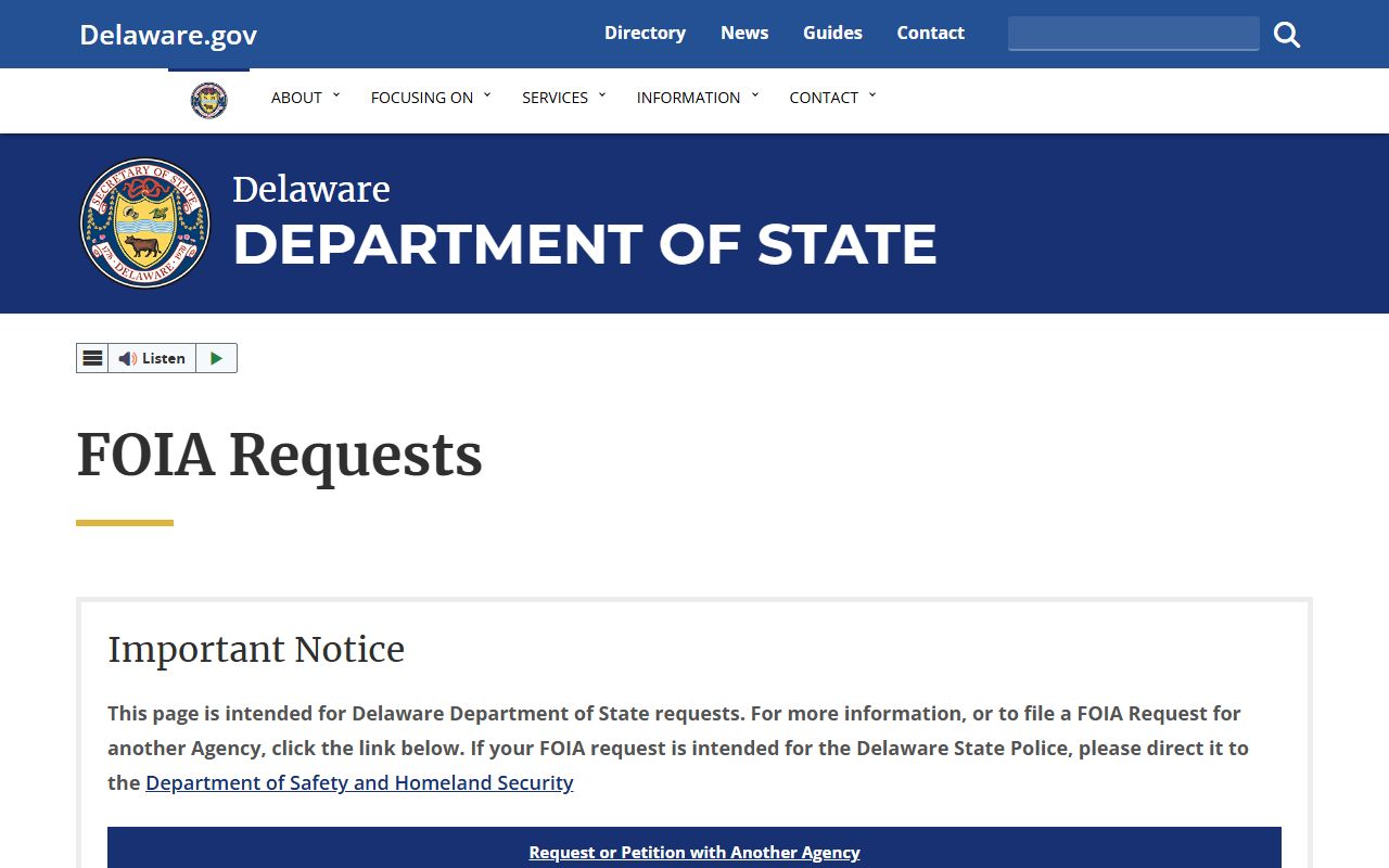 Delaware Secretary of State FOIA request page