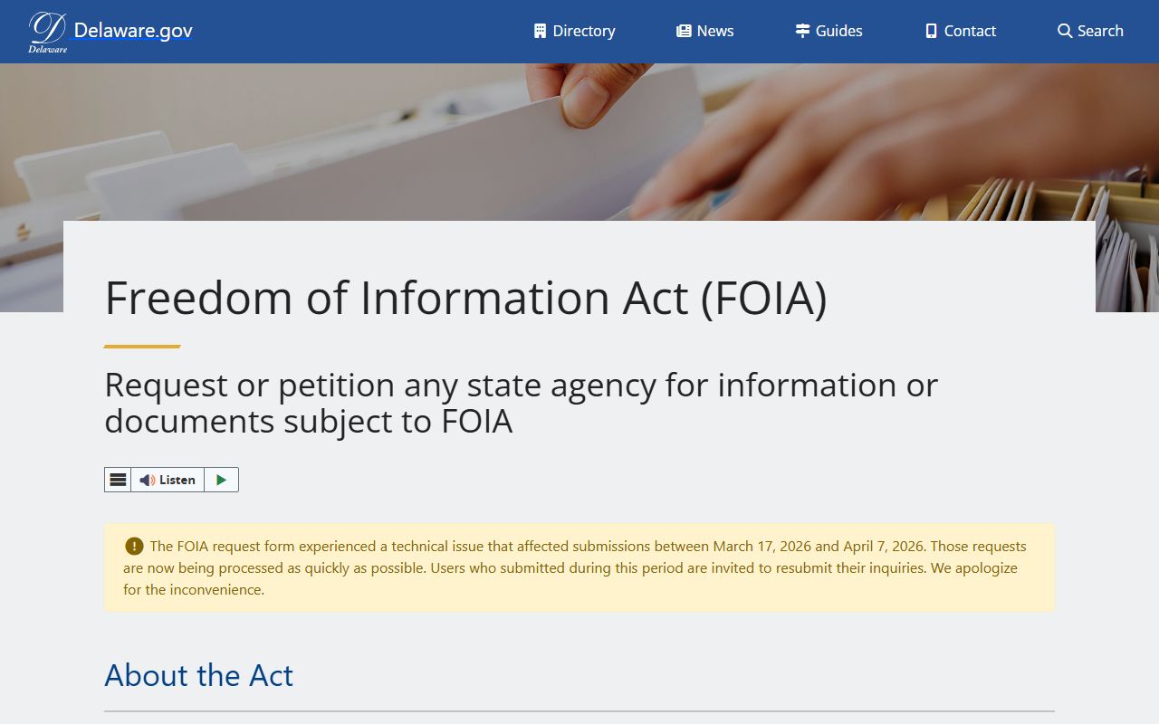 Delaware FOIA portal for Delaware police records