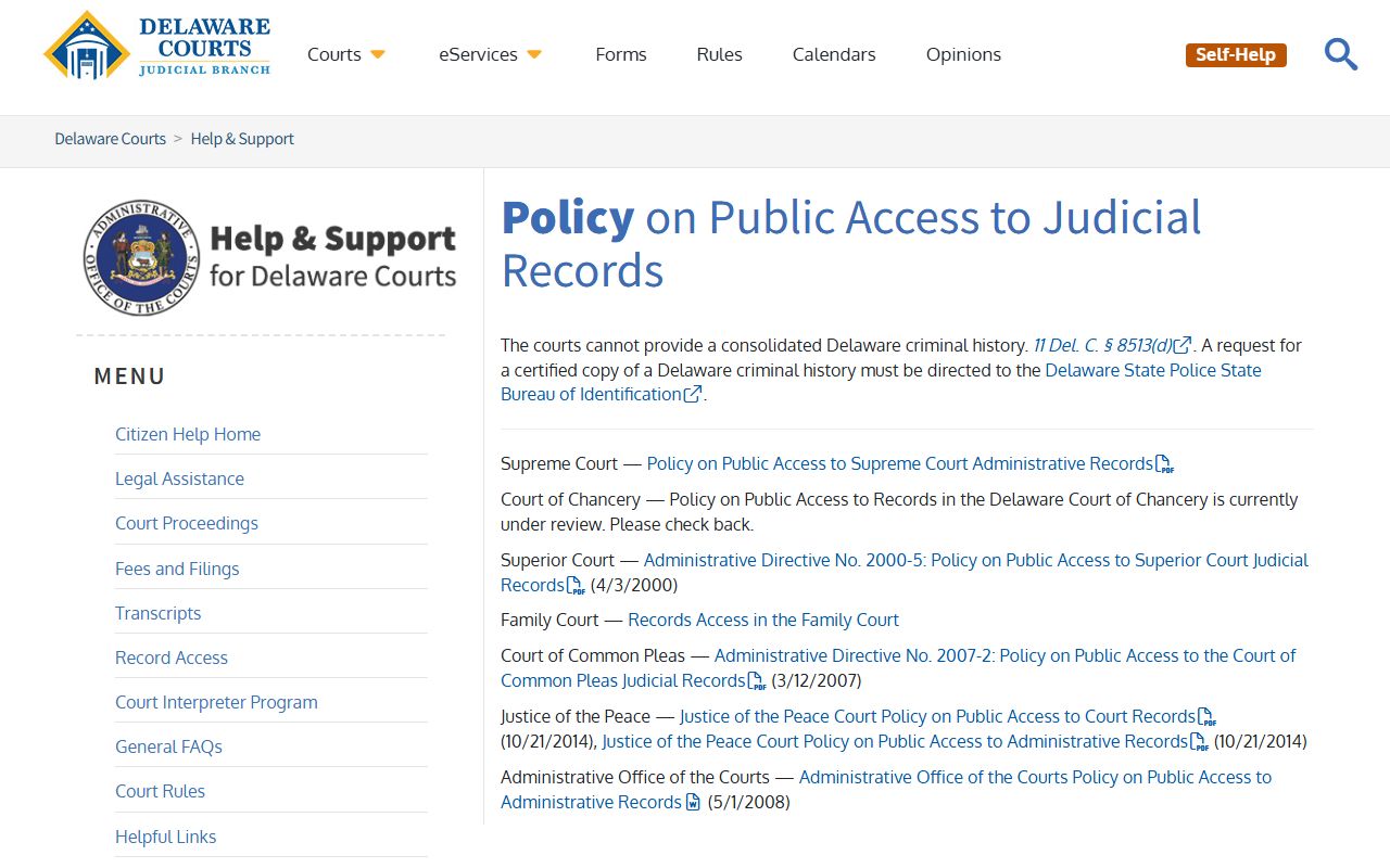 Delaware Courts record access help page for Delaware police records