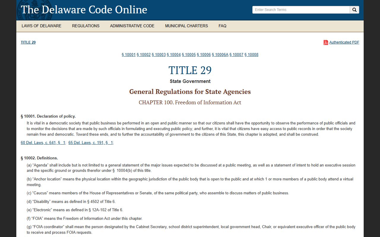 Delaware Code Title 29 Chapter 100 for Delaware police records