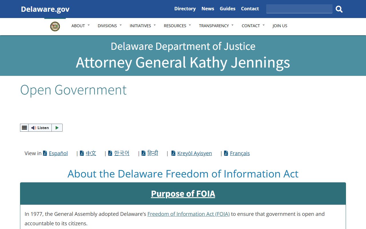 Delaware Attorney General open government page for Delaware police records