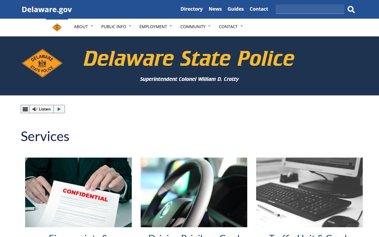 Delaware State Police services page for Delaware police records
